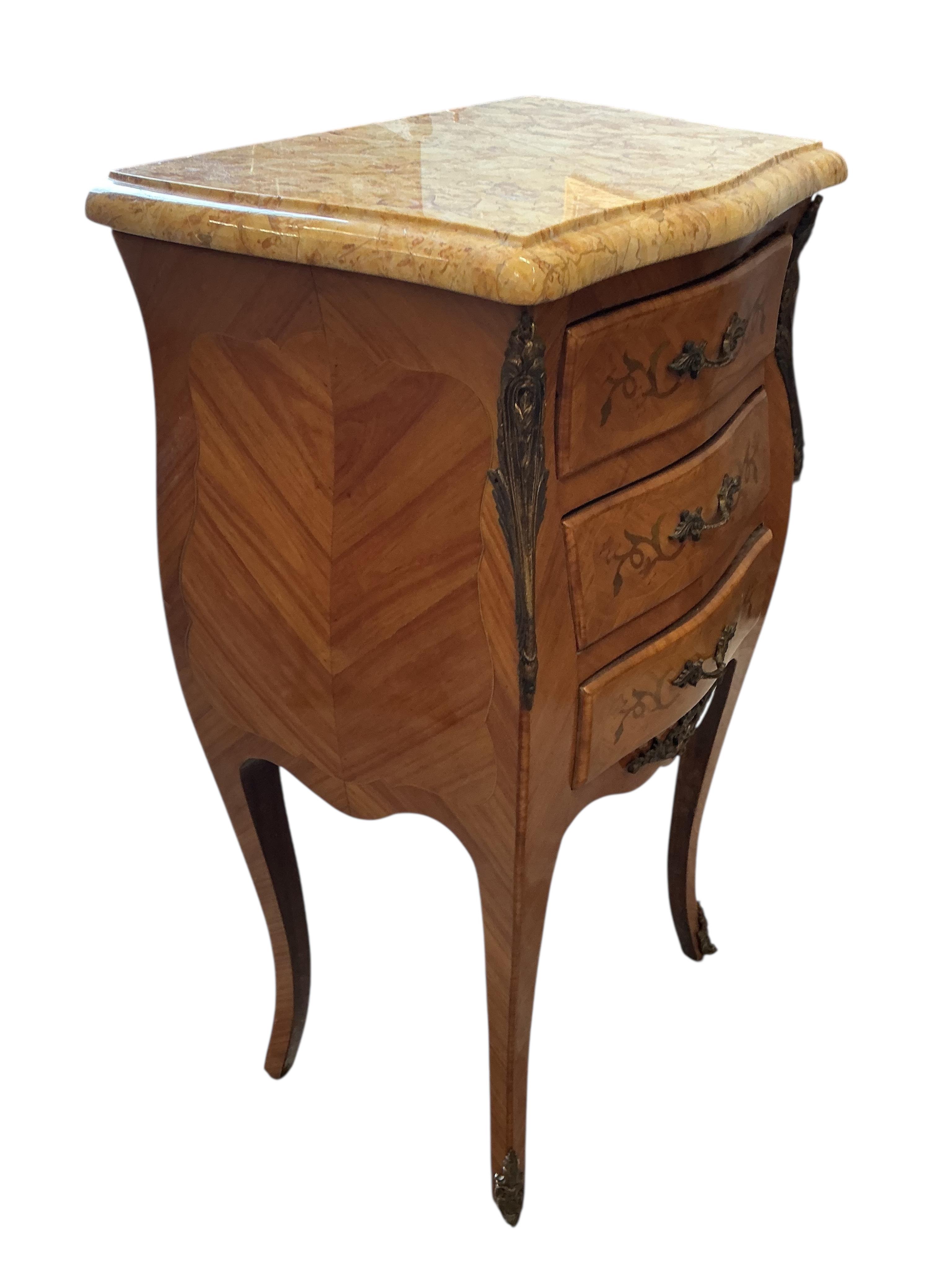 A pair of Louis XV style brass mounted bedside chests, width 42cm, depth 29cm, height 76cm
